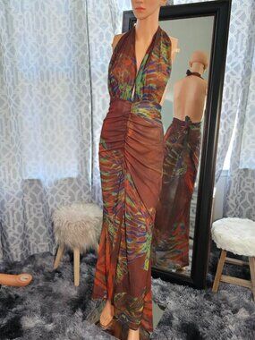 PrettyLittleThing Shape Abstract Chiffon Drape‑Front Maxi Dress – Size 14 – NWT